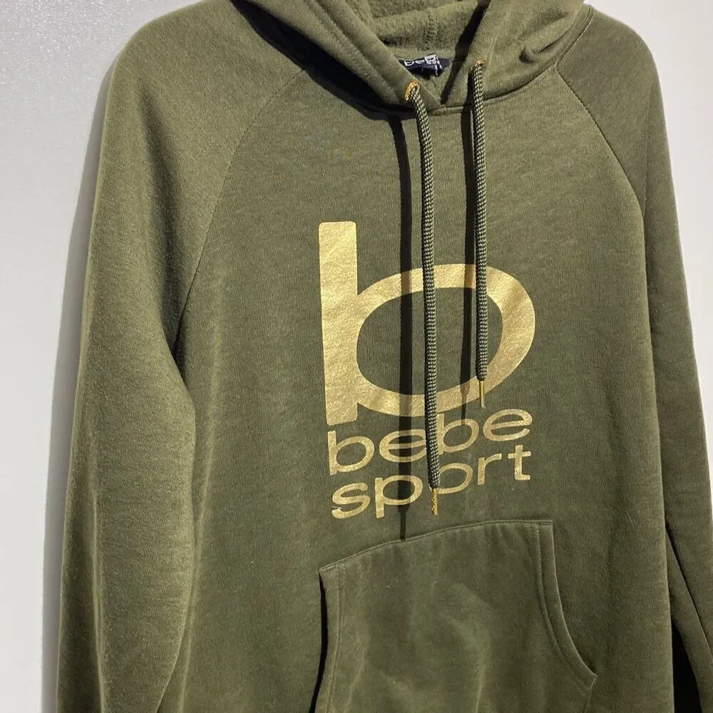 Bebe Sport Women's Green Gold Graphic Logo‎ Pullover Hoodie Size Medium